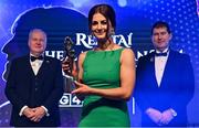 13 November 2021; Emma Troy of Meath with her TG4 LGFA Allstar award, in the company of Ard Stiúrthóir TG4 Alan Esslemont, left, and President of the LGFA Mícheál Naughton during the TG4 Ladies Football All Stars Awards banquet, in association with Lidl, at the Bonnington Hotel, Dublin. Photo by Brendan Moran/Sportsfile