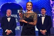 13 November 2021; Aoibhín Cleary of Meath with her TG4 LGFA Allstar award, in the company of Ard Stiúrthóir TG4 Alan Esslemont, left, and President of the LGFA Mícheál Naughton during the TG4 Ladies Football All Stars Awards banquet, in association with Lidl, at the Bonnington Hotel, Dublin. Photo by Brendan Moran/Sportsfile