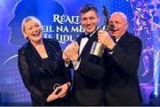13 November 2021; Parents Teresa and Gerard Looney and brother Kane, celebrate with the TG4 LGFA Allstar award won by Hannah Looney of Cork during the TG4 Ladies Football All Stars Awards banquet, in association with Lidl, at the Bonnington Hotel, Dublin. Photo by Brendan Moran/Sportsfile