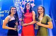 13 November 2021; Dublin players, from left, Leah Caffrey, Hannah Tyrrell and Orlagh Nolan with their TG4 LGFA Allstar awards during the TG4 Ladies Football All Stars Awards banquet, in association with Lidl, at the Bonnington Hotel, Dublin. Photo by Brendan Moran/Sportsfile