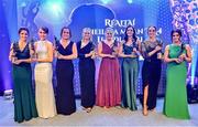 13 November 2021; Meath players, from left, Niamh O’Sullivan, Mary Kate Lynch, Emma Duggan, Vikki Wall, Monica McGuirk, Máire O’Shaughnessy, Aoibhín Cleary and Emma Troy  with their TG4 LGFA Allstar awards during the TG4 Ladies Football All Stars Awards banquet, in association with Lidl, at the Bonnington Hotel, Dublin. Photo by Brendan Moran/Sportsfile