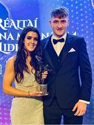 13 November 2021; Erika O’Shea of Cork and her TG4 LGFA Allstar award with Tadhg O'Connor during the TG4 Ladies Football All Stars Awards banquet, in association with Lidl, at the Bonnington Hotel, Dublin. Photo by Brendan Moran/Sportsfile