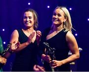 13 November 2021; Vikki Wall of Meath reacts with team-mate Emma Duggan after winning the Senior Players Player of the Year award during the TG4 Ladies Football All Stars Awards banquet, in association with Lidl, at the Bonnington Hotel, Dublin. Photo by Harry Murphy/Sportsfile