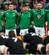 13 November 2021;  Ireland players, from left, Conor Murray, Hugo Keenan and Jack Conan watch New Zealand perform the Haka before the Autumn Nations Series match between Ireland and New Zealand at Aviva Stadium in Dublin. Photo by Ramsey Cardy/Sportsfile