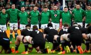 13 November 2021;  Ireland players, from left, Andrew Conway, James Ryan, Ronan Kelleher, Conor Murray, Hugo Keenan, Jack Conan, Tadhg Furlong, Tadhg Beirne and Jonathan Sexton watch New Zealand perform the Haka before the Autumn Nations Series match between Ireland and New Zealand at Aviva Stadium in Dublin. Photo by Ramsey Cardy/Sportsfile