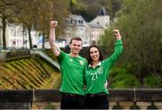 14 November 2021; Republic of Ireland supporters Oisin Goodman, from Newry, Down, and Grainne McCluskey, from Monaghan, before the FIFA World Cup 2022 qualifying group A match between Luxembourg and Republic of Ireland at Stade de Luxembourg in Luxembourg. Photo by Stephen McCarthy/Sportsfile