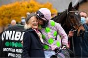 14 November 2021; Jockey Patrick Mullins kisses his grandmother Maureen Mullins after riding Sharjah to victory in the Unibet Morgiana Hurdle during day two of the Punchestown Winter Festival at Punchestown Racecourse in Kildare. Photo by Seb Daly/Sportsfile