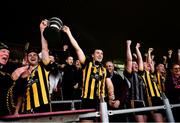 14 November 2021; Mountbellew Moylough joint captains Aaron McHugh, left, and Eoin Finnerty lift the cup after the Galway County Senior Club Football Championship Final match between Corofin and Mountbellew / Moylough at Pearse Stadium in Galway. Photo by David Fitzgerald/Sportsfile