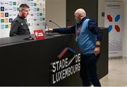 13 November 2021; Republic of Ireland manager Stephen Kenny and journalist Philip Quinn during a Republic of Ireland press conference at Stade de Luxembourg in Luxembourg. Photo by Stephen McCarthy/Sportsfile