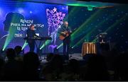 13 November 2021; Singers Paul Harrington, left, and Charlie McGettigan perform during the TG4 Ladies Football All Stars Awards banquet, in association with Lidl, at the Bonnington Hotel, Dublin.  Photo by Brendan Moran/Sportsfile