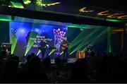 13 November 2021; Singers Paul Harrington, left, and Charlie McGettigan perform during the TG4 Ladies Football All Stars Awards banquet, in association with Lidl, at the Bonnington Hotel, Dublin.  Photo by Brendan Moran/Sportsfile