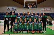 14 November 2021; The Ireland team, backrow from left, assistant coach Ioannis Liapakis, head coach James Weldon, Sarah Kenny, Hannah Thornton, Claire Melia, Rachel Huijsdens, Aine O'Connor, Grainne Dwyer and assistant coach Jillian Hayes, with front row from left, Anna Kelly, Michelle Clarke, Dayna Finn, Sorcha Tiernan, Edel Thornton and Maura Fitzpatrick before the FIBA Women's EuroBasket 2023 Qualifier Group I match between Ireland and Czech Republic at National Basketball Arena in Tallaght, Dublin. Photo by Brendan Moran/Sportsfile