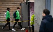 14 November 2021; Republic of Ireland players, Chiedozie Ogbene, right, and John Egan arriving before the FIFA World Cup 2022 qualifying group A match between Luxembourg and Republic of Ireland at Stade de Luxembourg in Luxembourg. Photo by Stephen McCarthy/Sportsfile