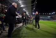 14 November 2021; Republic of Ireland manager Stephen Kenny speaking to RTÉ's Tony O'Donoghue before the FIFA World Cup 2022 qualifying group A match between Luxembourg and Republic of Ireland at Stade de Luxembourg in Luxembourg. Photo by Stephen McCarthy/Sportsfile