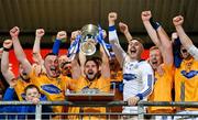 14 November 2021; Dromore captain Conor O'Hara lifts the trophy after the Tyrone County Senior Club Football Championship Final match between Coalisland and Dromore at O’Neills Healy Park in Omagh, Tyrone. Photo by Ramsey Cardy/Sportsfile