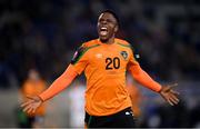 14 November 2021; Chiedozie Ogbene of Republic of Ireland celebrates after scoring his side's second goal during the FIFA World Cup 2022 qualifying group A match between Luxembourg and Republic of Ireland at Stade de Luxembourg in Luxembourg. Photo by Stephen McCarthy/Sportsfile