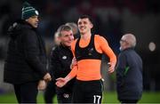 14 November 2021; Jason Knight of Republic of Ireland with Republic of Ireland manager Stephen Kenny after the FIFA World Cup 2022 qualifying group A match between Luxembourg and Republic of Ireland at Stade de Luxembourg in Luxembourg. Photo by Stephen McCarthy/Sportsfile