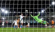 14 November 2021; Luxembourg goalkeeper Ralph Schon and team-mate Maxime Chanot attempt to clear a cross during the FIFA World Cup 2022 qualifying group A match between Luxembourg and Republic of Ireland at Stade de Luxembourg in Luxembourg. Photo by Stephen McCarthy/Sportsfile