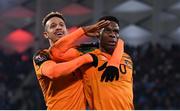 14 November 2021; Chiedozie Ogbene celebrates with Republic of Ireland team-mate Callum Robinson, left, after scoring their side's second goal during the FIFA World Cup 2022 qualifying group A match between Luxembourg and Republic of Ireland at Stade de Luxembourg in Luxembourg. Photo by Stephen McCarthy/Sportsfile