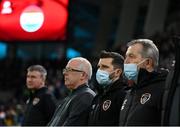 14 November 2021; Republic of Ireland chartered physiotherapist Kevin Mulholland, second from right, with Republic of Ireland team doctor Alan Byrne, right, Republic of Ireland kitman Fergus McNally and Republic of Ireland manager Stephen Kenny, left, before the FIFA World Cup 2022 qualifying group A match between Luxembourg and Republic of Ireland at Stade de Luxembourg in Luxembourg. Photo by Stephen McCarthy/Sportsfile