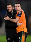 14 November 2021; Republic of Ireland chartered physiotherapist Kevin Mulholland and Josh Cullen following the FIFA World Cup 2022 qualifying group A match between Luxembourg and Republic of Ireland at Stade de Luxembourg in Luxembourg. Photo by Stephen McCarthy/Sportsfile