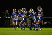 13 November 2021; Julie-Ann Russell of Galway, second from left, celebrates with team-mates after scoring her side's fourth goal during the SSE Airtricity Women's National League match between Peamount United and Galway WFC at PLR Park in Greenogue, Dublin. Photo by Sam Barnes/Sportsfile