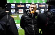 13 November 2021; Peamount United manager James O'Callaghan is interviewed by TG4 before the SSE Airtricity Women's National League match between Peamount United and Galway WFC at PLR Park in Greenogue, Dublin. Photo by Sam Barnes/Sportsfile