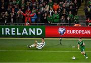 11 November 2021; Seamus Coleman of Republic of Ireland takes the ball away from Cristiano Ronaldo of Portugal during the FIFA World Cup 2022 qualifying group A match between Republic of Ireland and Portugal at the Aviva Stadium in Dublin. Photo by Harry Murphy/Sportsfile