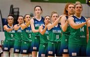 14 November 2021; Ireland players, from left, Grainne Dwyer, Michelle Clarke, Dayna Finn, Rachel Huijsdens, Anna Kelly, Edel Thornton, Claire Melia and Hannah Thornton stand together during the playing of Amhrán na bhFiann before the FIBA Women's EuroBasket 2023 Qualifier Group I match between Ireland and Czech Republic at National Basketball Arena in Tallaght, Dublin. Photo by Brendan Moran/Sportsfile