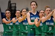 14 November 2021; Joint Ireland team captain Grainne Dwyer, left, stands with her team-mates during the playing of Amhrán na bhFiann before the FIBA Women's EuroBasket 2023 Qualifier Group I match between Ireland and Czech Republic at National Basketball Arena in Tallaght, Dublin. Photo by Brendan Moran/Sportsfile