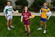 17 November 2021; Pictured is Na Fianna and former Clare footballer Dean Ryan, right, Rower-Inistioge and former Kilkenny hurler Kieran Joyce, left, and St Mary’s Leixlip camogie player Sinead McHugh at the launch of this year’s AIB GAA Club Championships and AIB Camogie Club Championships. AIB takes great pride in their partnerships with the GAA and the Camogie Association and is now in their 31st season backing the GAA and their 9th season supporting camogie. This year’s campaign will focus not just on the on-field heroics, but also on the many players who persevere in their commitment to clubs in all weathers – the players without whom there could be no AIB All-Ireland Club Championships. Photo by Seb Daly/Sportsfile
