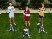 17 November 2021; Pictured is Na Fianna and former Clare footballer Dean Ryan, right, Rower-Inistioge and former Kilkenny hurler Kieran Joyce, left, and St Mary’s Leixlip camogie player Sinead McHugh at the launch of this year’s AIB GAA Club Championships and AIB Camogie Club Championships. AIB takes great pride in their partnerships with the GAA and the Camogie Association and is now in their 31st season backing the GAA and their 9th season supporting camogie. This year’s campaign will focus not just on the on-field heroics, but also on the many players who persevere in their commitment to clubs in all weathers – the players without whom there could be no AIB All-Ireland Club Championships. Photo by Seb Daly/Sportsfile