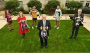 17 November 2021; Pictured is AIB CEO Colin Hunt, Uachtarán Chumann Lúthchleas Gael Larry McCarthy, Camogie Association President Hilda Breslin alongside Na Fianna and former Clare footballer Dean Ryan, Rower-Inistioge and former Kilkenny hurler Kieran Joyce, and St Mary’s Leixlip camogie player Sinead McHugh at the launch of this year’s AIB GAA Club Championships and AIB Camogie Club Championships. AIB takes great pride in their partnerships with the GAA and the Camogie Association and is now in their 31st season backing the GAA and their 9th season supporting camogie. This year’s campaign will focus not just on the on-field heroics, but also on the many players who persevere in their commitment to clubs in all weathers – the players without whom there could be no AIB All-Ireland Club Championships. Photo by Seb Daly/Sportsfile