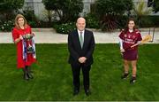 17 November 2021; Pictured is AIB CEO Colin Hunt, centre, Camogie Association President Hilda Breslin, left, alongside St Mary’s Leixlip camogie player Sinead McHugh at the launch of this year’s AIB GAA Club Championships and AIB Camogie Club Championships. AIB takes great pride in their partnerships with the GAA and the Camogie Association and is now in their 31st season backing the GAA and their 9th season supporting camogie. This year’s campaign will focus not just on the on-field heroics, but also on the many players who persevere in their commitment to clubs in all weathers – the players without whom there could be no AIB All-Ireland Club Championships. Photo by Seb Daly/Sportsfile