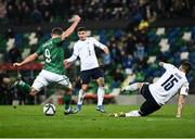 15 November 2021; Conor Washington of Northern Ireland has a shot on goal which is subsequently saved off the line during the FIFA World Cup 2022 Qualifier match between Northern Ireland and Italy at the National Football Stadium at Windsor Park in Belfast. Photo by David Fitzgerald/Sportsfile