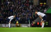 15 November 2021; Manuel Locatelli, left, and Francesco Acerbi of Italy after the FIFA World Cup 2022 Qualifier match between Northern Ireland and Italy at the National Football Stadium at Windsor Park in Belfast. Photo by Ramsey Cardy/Sportsfile