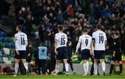 15 November 2021; Italy players walk off the pitch dejected after the FIFA World Cup 2022 Qualifier match between Northern Ireland and Italy at the National Football Stadium at Windsor Park in Belfast. Photo by Ramsey Cardy/Sportsfile