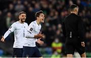 15 November 2021; Federico Chiesa, right, and Domenico Berardi of Italy appeal to referee István Kovács during the FIFA World Cup 2022 Qualifier match between Northern Ireland and Italy at the National Football Stadium at Windsor Park in Belfast. Photo by Ramsey Cardy/Sportsfile