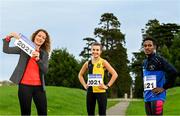 16 November 2021; Liz Rowen, Head of Marketing of Irish Life Health, left, with Hiko Tonosa of Dundrum South Dublin AC and Aoibhe Richardson of Kilkenny City Harriers at the launch of the 2021 Irish Life Health National Cross Country Championships. The Championships will take place at Santry Demesne on Sunday, 21st November 2021. Photo by Eóin Noonan/Sportsfile