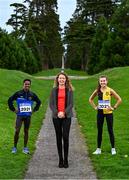 16 November 2021; Liz Rowen, Head of Marketing of Irish Life Health, centre, with Hiko Tonosa of Dundrum South Dublin AC and Aoibhe Richardson of Kilkenny City Harriers at the launch of the 2021 Irish Life Health National Cross Country Championships. The Championships will take place at Santry Demesne on Sunday, 21st November 2021. Photo by Eóin Noonan/Sportsfile