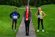 16 November 2021; Liz Rowen, Head of Marketing of Irish Life Health, centre, with Hiko Tonosa of Dundrum South Dublin AC and Aoibhe Richardson of Kilkenny City Harriers at the launch of the 2021 Irish Life Health National Cross Country Championships. The Championships will take place at Santry Demesne on Sunday, 21st November 2021. Photo by Eóin Noonan/Sportsfile