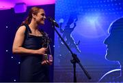 13 November 2021; TG4 Intermediate Players Player of the Year Sarah Dillon of Westmeath is interviewed during the TG4 Ladies Football All Stars Awards banquet, in association with Lidl, at the Bonnington Hotel, Dublin. Photo by Brendan Moran/Sportsfile