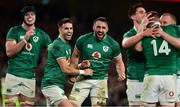13 November 2021; Ireland players, from left, James Ryan, Conor Murray and Jack Conan celebrate after their side's victory during the Autumn Nations Series match between Ireland and New Zealand at Aviva Stadium in Dublin. Photo by Brendan Moran/Sportsfile