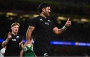 13 November 2021; Akira Ioane of New Zealand celebrates scoring a try which was subsequently disallowed during the Autumn Nations Series match between Ireland and New Zealand at Aviva Stadium in Dublin. Photo by Brendan Moran/Sportsfile