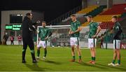 16 November 2021; Republic of Ireland assistant coach John O'Shea with defenders, from left, Lee O'Connor, Jake O'Brien, Mark McGuinness and Joel Bagan before the UEFA European U21 Championship qualifying group A match between Republic of Ireland and Sweden at Tallaght Stadium in Dublin. Photo by Seb Daly/Sportsfile