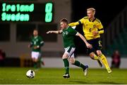 16 November 2021; Ross Tierney of Republic of Ireland in action against Carl Gustavsson of Sweden during the UEFA European U21 Championship qualifying group A match between Republic of Ireland and Sweden at Tallaght Stadium in Dublin. Photo by Eóin Noonan/Sportsfile