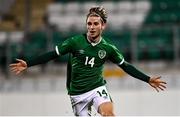 16 November 2021; Oliver O'Neill of Republic of Ireland celebrates after scoring his side's only and winning goal during the UEFA European U21 Championship qualifying group A match between Republic of Ireland and Sweden at Tallaght Stadium in Dublin. Photo by Seb Daly/Sportsfile