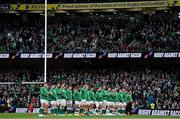 13 November 2021; The Ireland team lineup before the Autumn Nations Series match between Ireland and New Zealand at Aviva Stadium in Dublin. Photo by Brendan Moran/Sportsfile