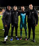 16 November 2021; Republic of Ireland goalkeeper Brian Maher, second from right, with team-mates David Odumosu, left, and Luke McNicholas, and goalkeeping coach Rene Gilmartin after the UEFA European U21 Championship qualifying group A match between Republic of Ireland and Sweden at Tallaght Stadium in Dublin. Photo by Seb Daly/Sportsfile