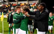 16 November 2021; Oliver O'Neill of Republic of Ireland, centre, celebrates with team-mates Joshua Ogunfaolu-Kayode, right, and Gavin Kilkenny after scoring their side's winning goal during the UEFA European U21 Championship qualifying group A match between Republic of Ireland and Sweden at Tallaght Stadium in Dublin. Photo by Seb Daly/Sportsfile